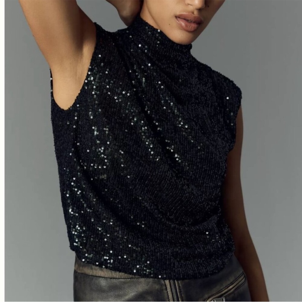 Anthropologie mock neck sleeveless black sequin top